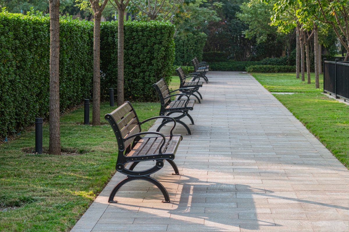 Row of park benches spaced at regular intervals along a paved walkway in a green city park