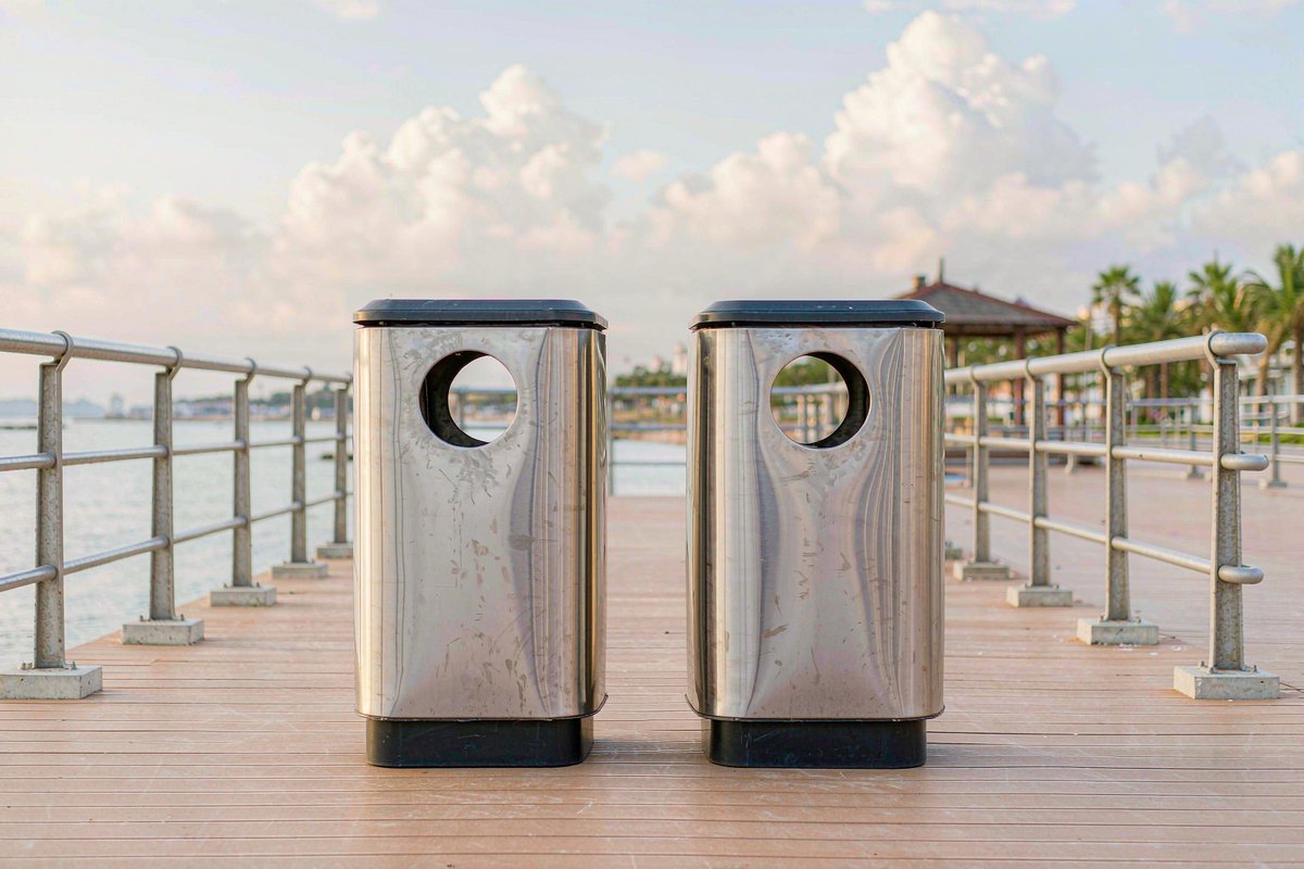 Two stainless steel outdoor litter bins standing on a seaside boardwalk beside a railing