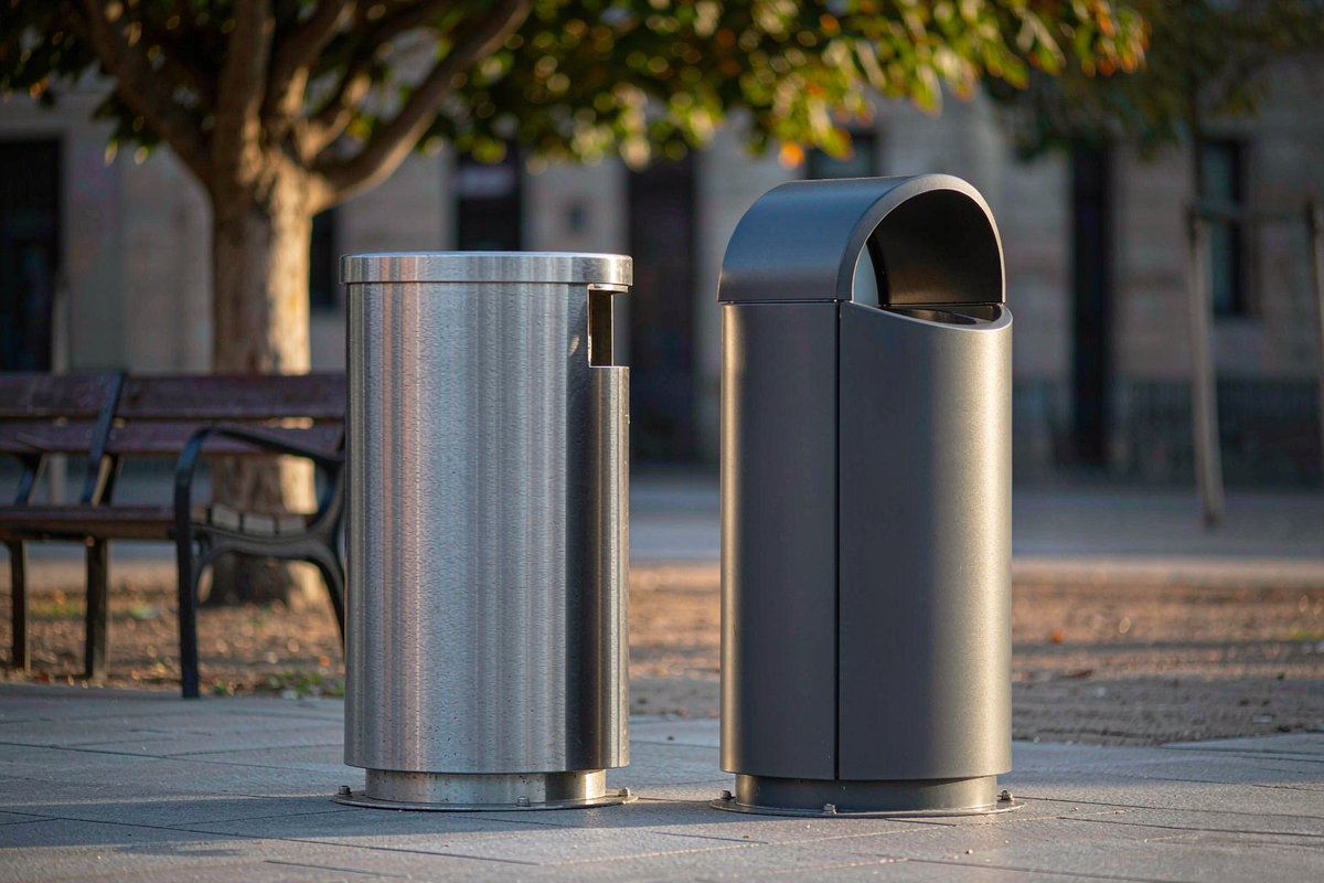 Brushed stainless steel litter bin and dark grey powder-coated steel litter bin standing side by side on a city plaza pavement