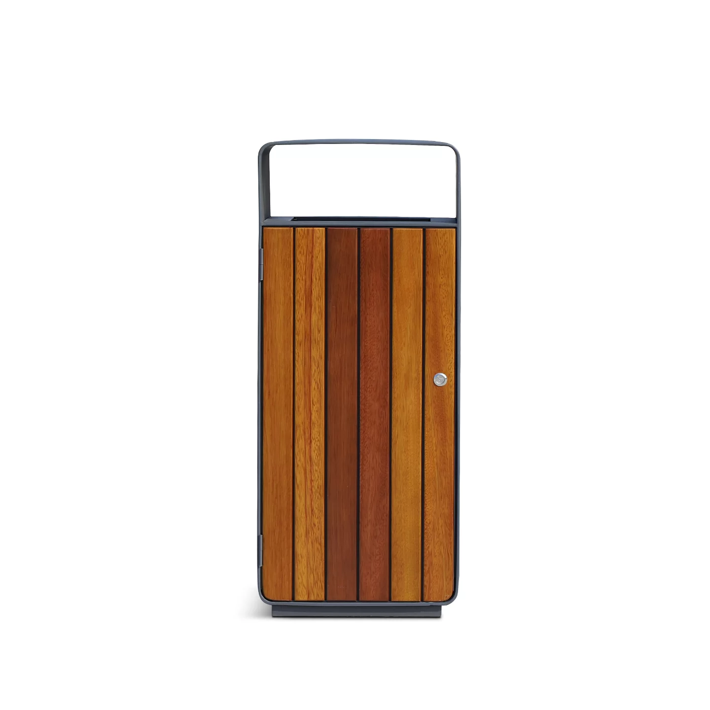 front view of lockable wood-slat outdoor trash bin - OTM-04BM